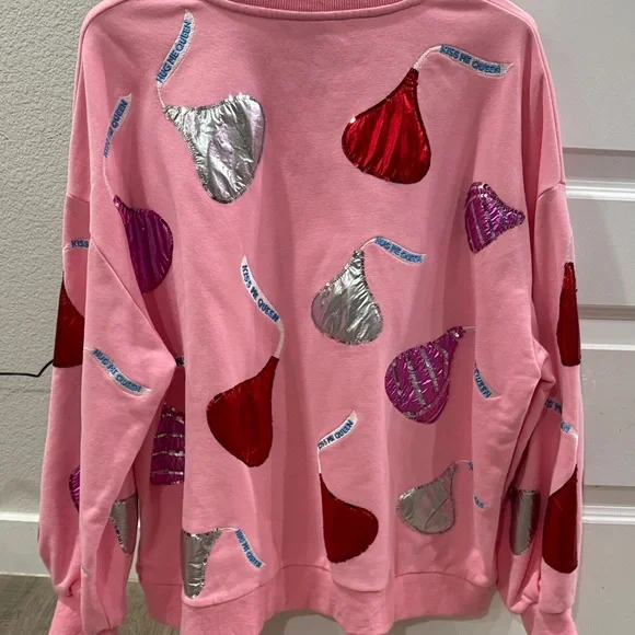 QUEEN OF SPARKLES Pink Sweatshirt with Red, Silver, and Purple Hearts - Picture 3 of 4